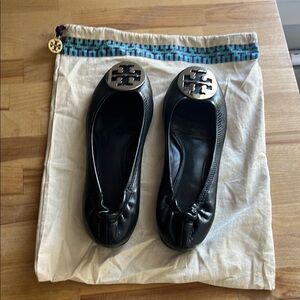 Tory Burch Black Leather Flats with Silver Logo
